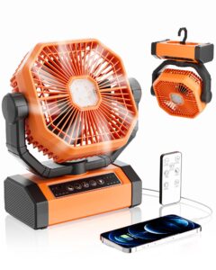 moriko 20000mah camping fan with led light, rechargeable battery operated fan with remote & hook, 270° pivot, 4 powerful speeds, quiet portable outdoor fan for tent picnic, beach, bbq, jobsite