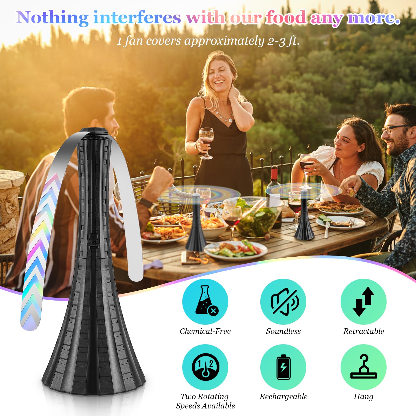 Fly Fans for Tables Rechargeable, Fly Fans for Outdoor Tables USB, 1800mah Fly Fans to Keep Flies Away by Soft Blades, Food Fans for Camping, Picnic, Fishing, Fly Repellent Outdoor Patio, 2pcs