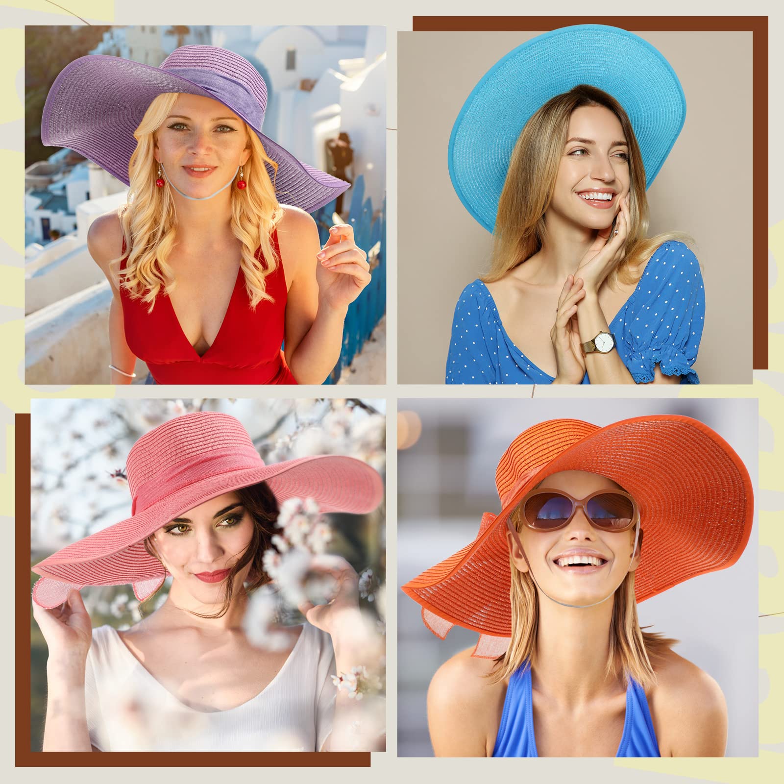 Tigeen 24 Pcs Sun Straw Hats for Women Bowknot Wide Brim 22.1-22.4 Inches Foldable Women's Floppy Hat Uv Protection UPF 50+ Summer Beach Cap for Girls Ladies, 12 Colors Multicolor