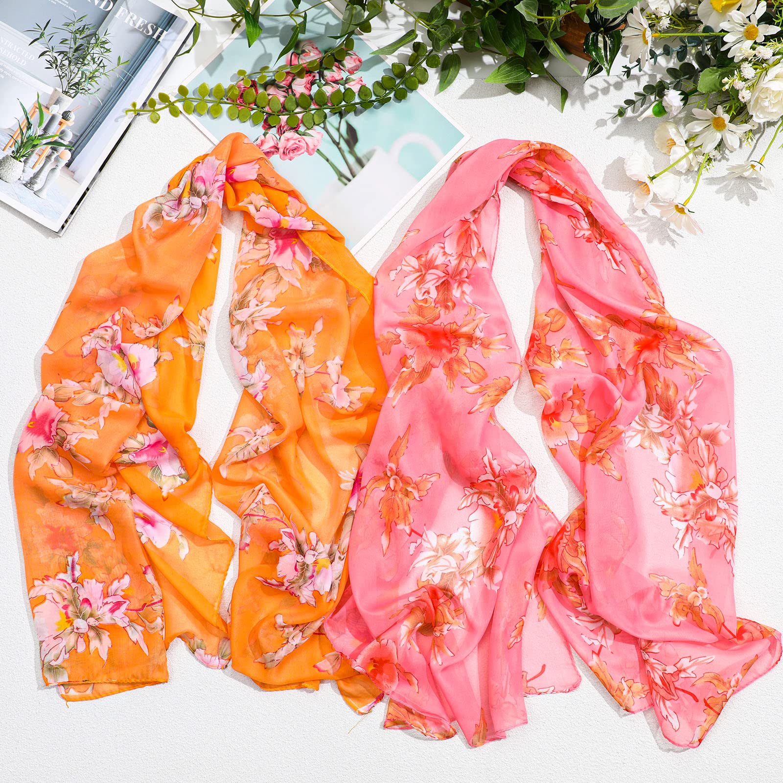 Sureio 6 Pcs Scarves for Women Lightweight Summer Floral Print Pattern Scarf for Women Dressy Long Thin Scarf Shawl(Chic Style)