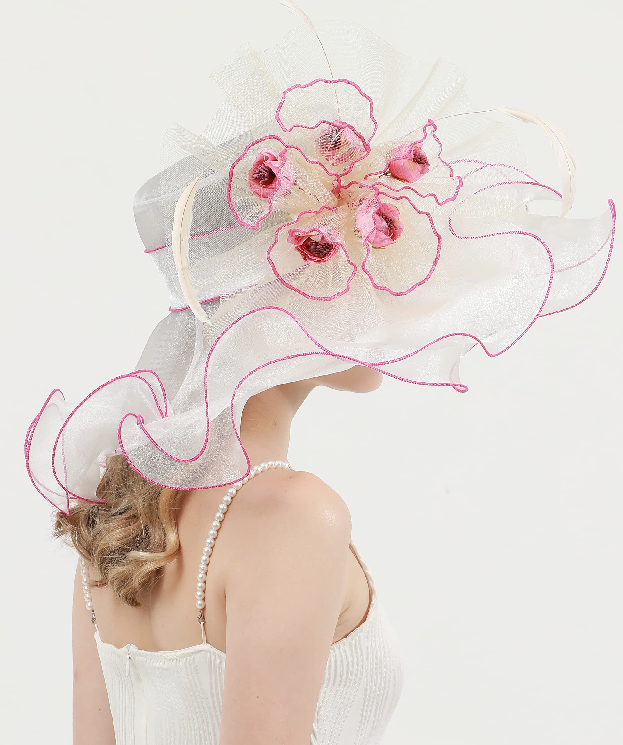 ORIDOOR Women Organza Fascinator Kentucky Hat Derby Floral Tea Party Wedding Hat A865 Pink White …