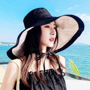 Packable Large Brim Sun Hat for Women - 6.7" Wide-Brim UV-Protection Women's-Sun-Beach-Hats with Strap Black