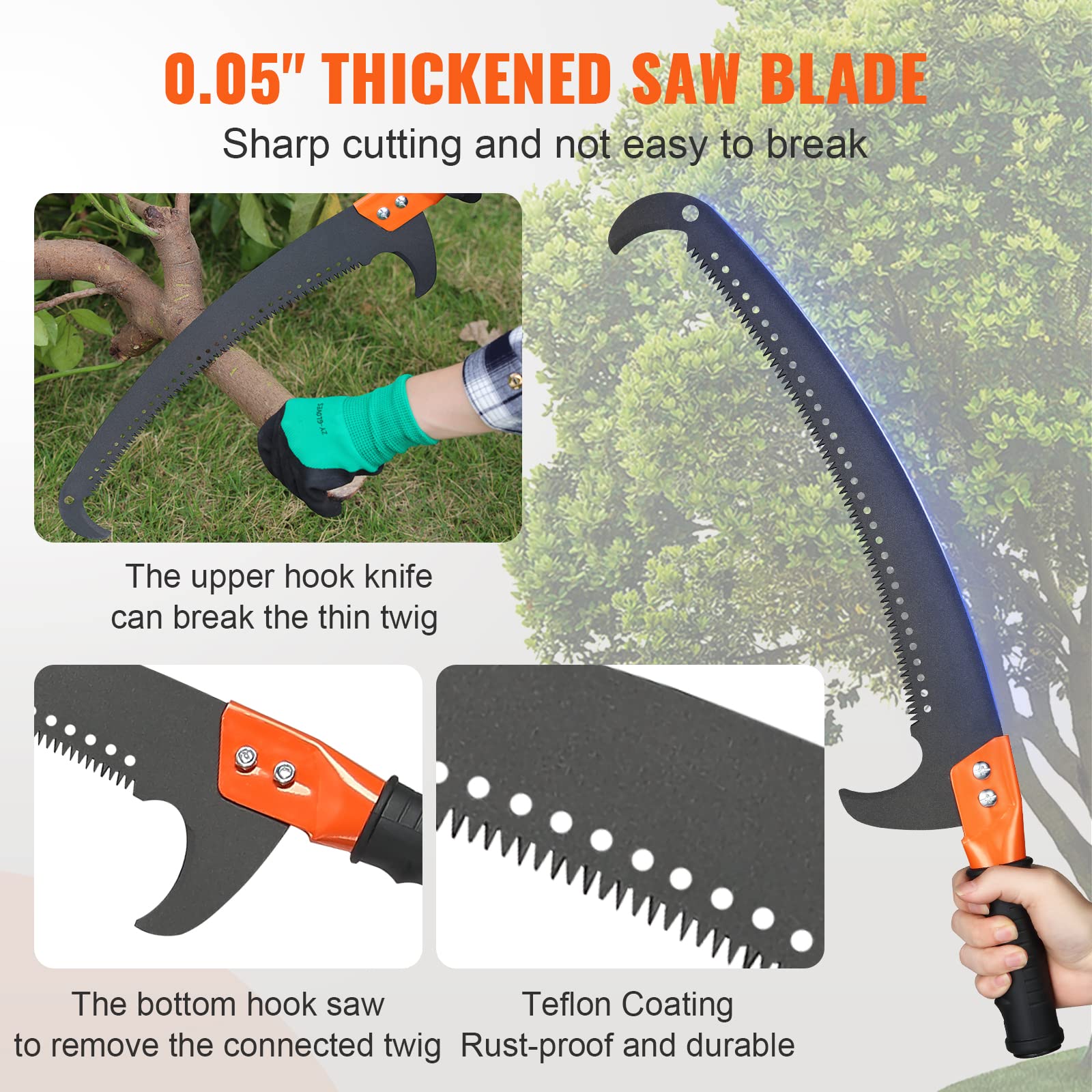 VEVOR Manual Pole Saw, 7.3-27 ft Extendable Tree Pruner, Sharp Steel Blade and Scissors High Branches Trimming, Branch Trimmer with Lightweight 8 Fiberglass Handles, for Pruning Palms and Shrubs