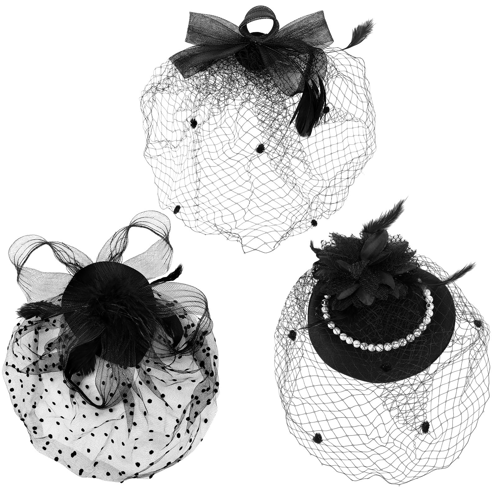 Geyoga 3 Pcs Fascinators Hats for Women Tea Party Hats Flapper Headpiece Halloween Mesh Veil Pearl Headdress for Wedding (Classic Style)