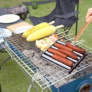 Sufune Hot Dog Roller for Girll,Hotdog Roller Grill Sausage Roller Stainless Steel Rack with Extra Long Wood Handle,BBQ Hot Dog Girller for Evenly Cooked Hot Dog,5 Hot Dog Capacity