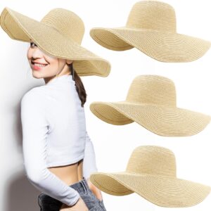 Sintuff 4 Pcs Women's Wide Brim Straw Hats Big Floppy Foldable Roll up Cap Beach Sun Hat UPF 50+ for Summer(Beige, Simple)