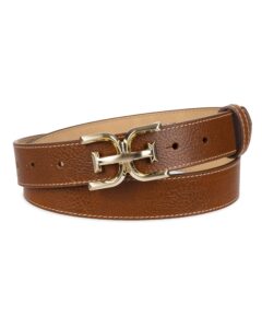 sam edelman women's slim stitched edge double-e plaque buckle belt, saddle, medium