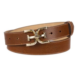 Sam Edelman Women's Slim Stitched Edge Double-E Plaque Buckle Belt, Saddle, Medium