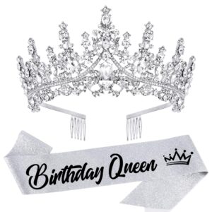 velscrun silver crystal birthday queen tiara crowns for women girls birthday queen headband sash elegant princess crown with combs hair accessories happy birthday party decorations mom birthday gift