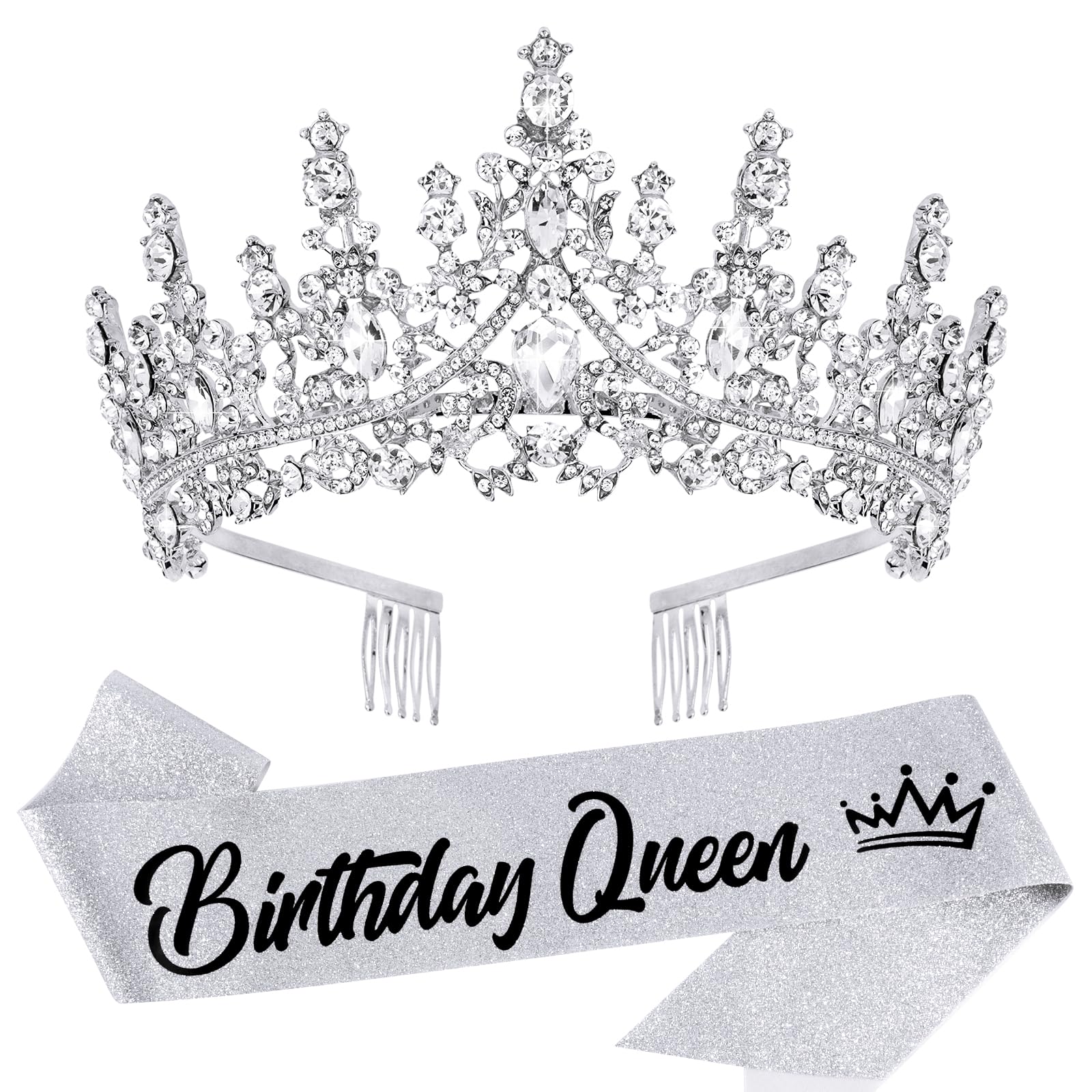 VELSCRUN Silver Crystal Birthday Queen Tiara Crowns for Women Girls Birthday Queen Headband Sash Elegant Princess Crown with Combs Hair Accessories Happy Birthday Party Decorations Mom Birthday Gift