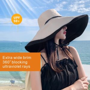 Packable Large Brim Sun Hat for Women - 6.7" Wide-Brim UV-Protection Women's-Sun-Beach-Hats with Strap Black