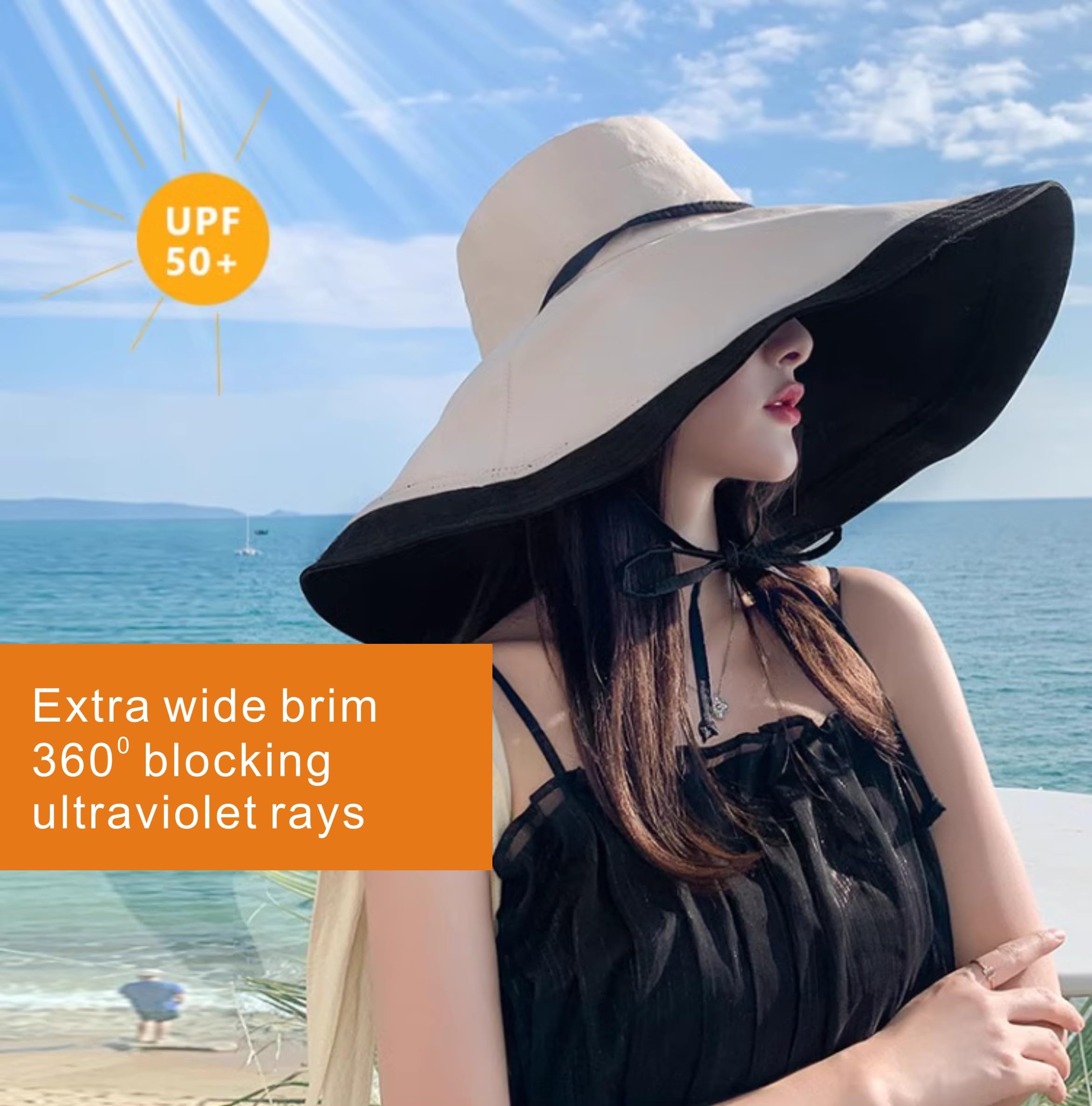 Packable Large Brim Sun Hat for Women - 6.7" Wide-Brim UV-Protection Women's-Sun-Beach-Hats with Strap Black