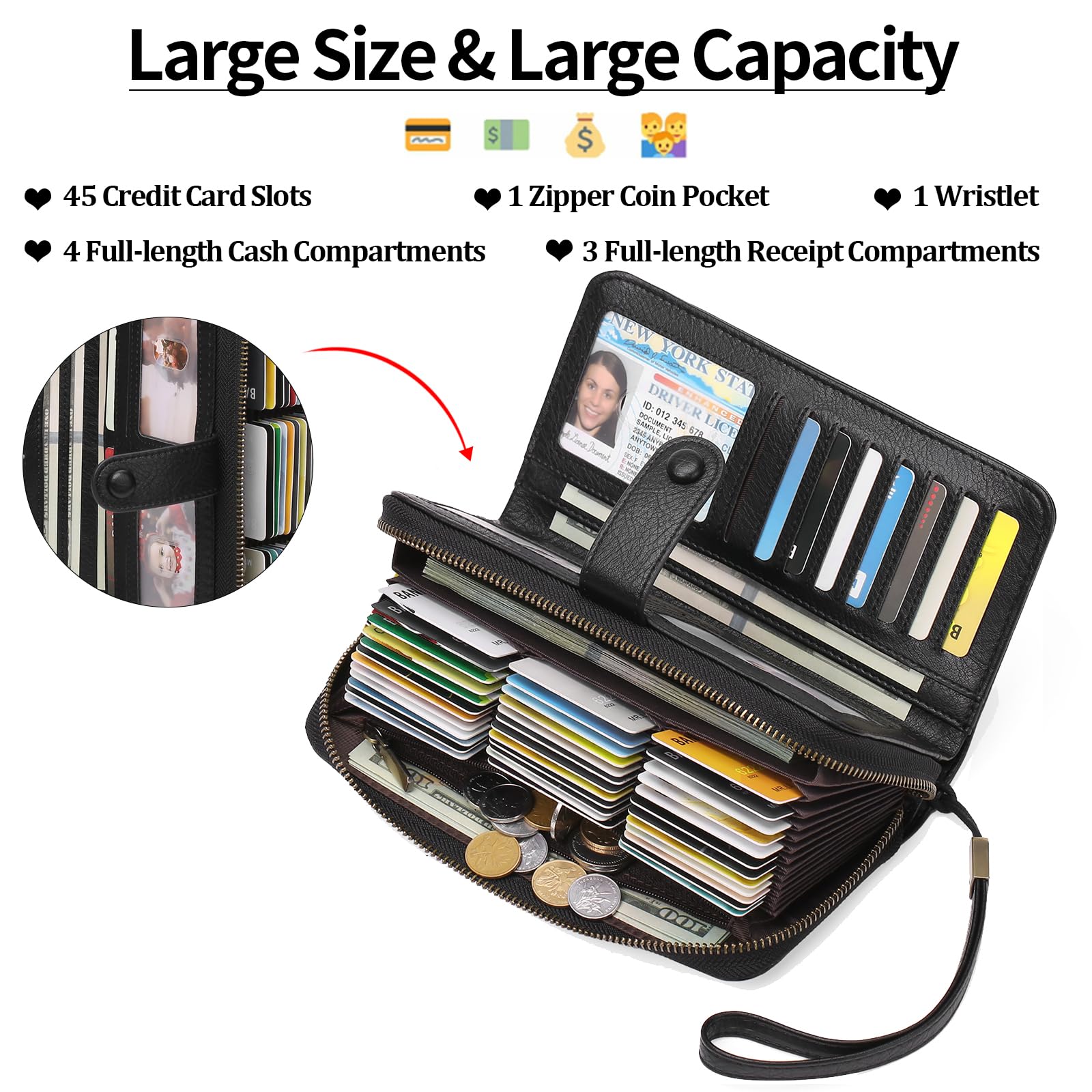 GAEKEAO Leather Credit Card Holder Wallet for Women RFID Blocking Large Capacity Bifold Zipper Card Case Organizer with Wristlet 45 Slots