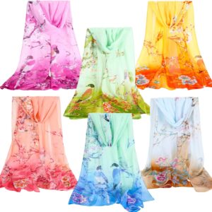 Sureio 6 Pcs Scarves for Women Lightweight Summer Floral Print Pattern Scarf for Women Dressy Long Thin Scarf Shawl(Pretty Style)