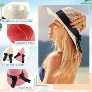 Pasimy 12 Pcs Women Straw Sun Hats with Bowknot Panama Wide Brim Roll up Hat for Women Girls Foldable Floppy Hat Summer Cap for Beach Travel Outdoor Pool Multicolor