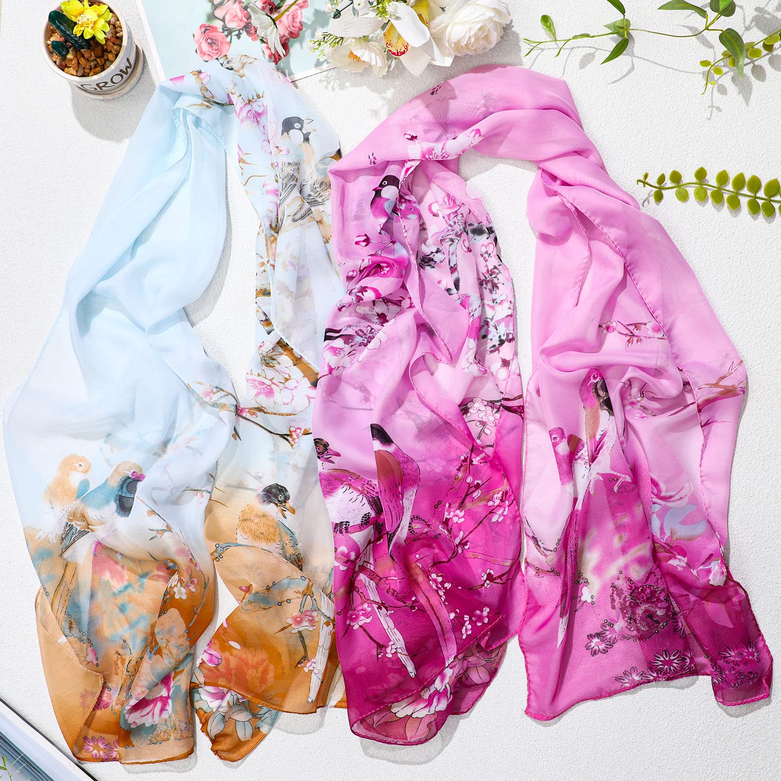 Sureio 6 Pcs Scarves for Women Lightweight Summer Floral Print Pattern Scarf for Women Dressy Long Thin Scarf Shawl(Pretty Style)