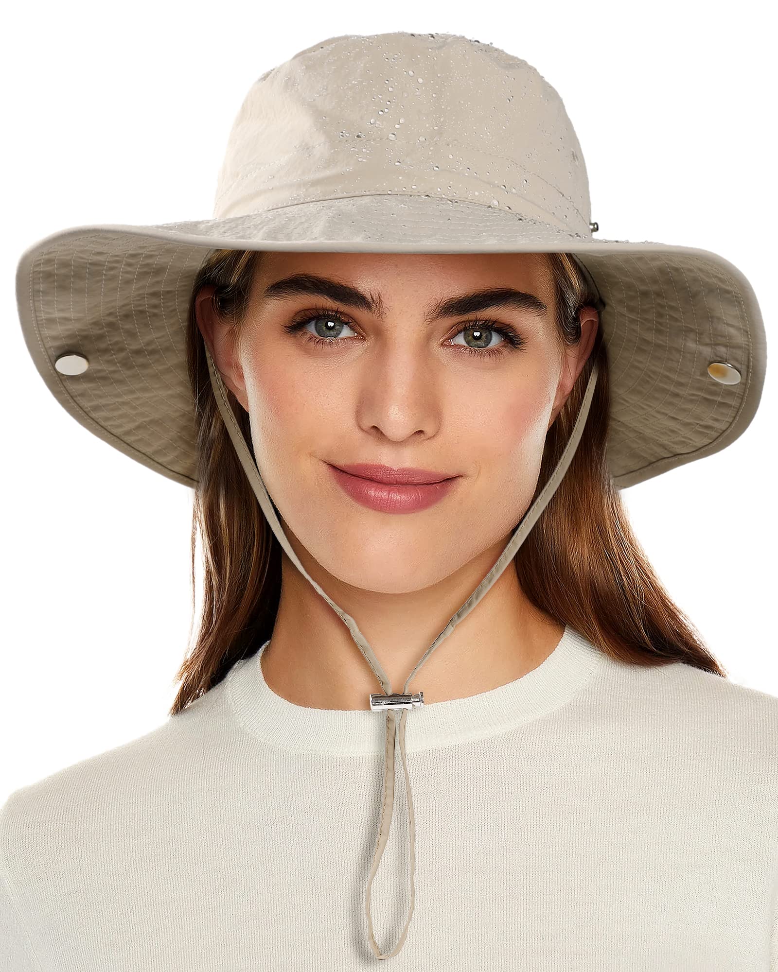 Waterproof Bucket Rain Hat for Women Wide Brim Summer UPF50+ Cowboy Sun Hat Men Foldable Soft Floppy Beach Hat Beige