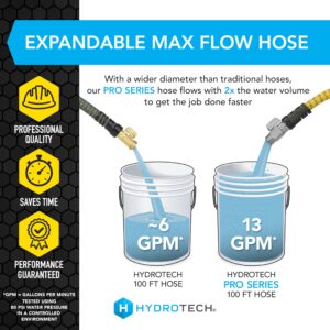 HydroTech 100ft Pro Series 3/4" Expandable Burst Proof Garden Max Flow Hose – Lightweight & Durable – Features Flow-Control Shut-Off & Strain Relief Guard (100 Feet)