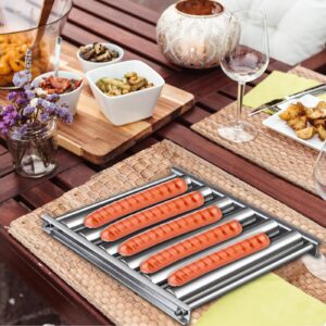 Sufune Hot Dog Roller for Girll,Hotdog Roller Grill Sausage Roller Stainless Steel Rack with Extra Long Wood Handle,BBQ Hot Dog Girller for Evenly Cooked Hot Dog,5 Hot Dog Capacity