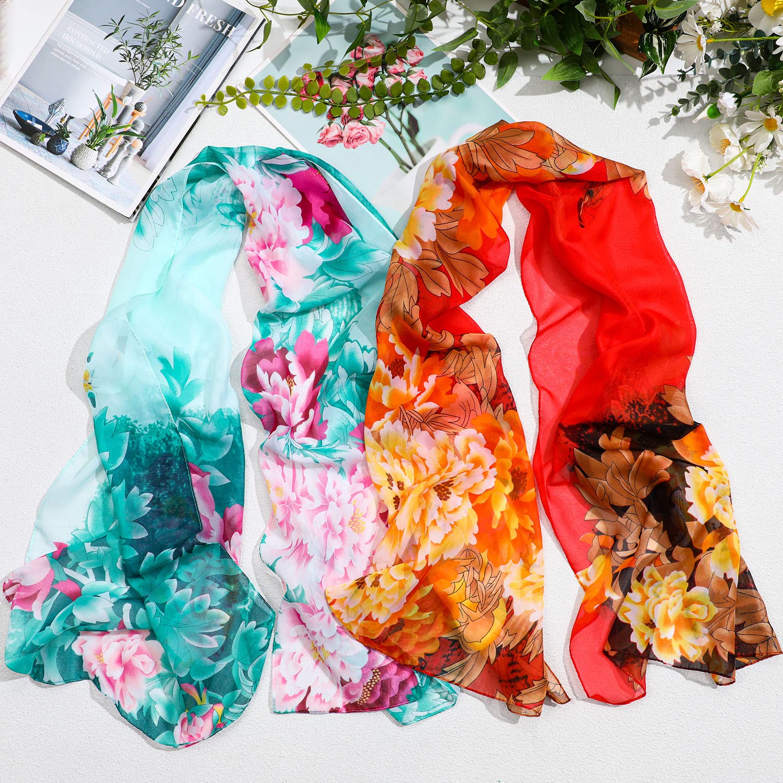 Sureio 6 Pcs Scarves for Women Lightweight Summer Floral Print Pattern Scarf for Women Dressy Long Thin Scarf Shawl(Stylish Style)