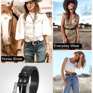 TRIWORKS Western Leather Belt for Women Men Cowgirl Cowboy Floral Engraved Tooled Leather Belt for Jeans Pants Dresses Rodeo,A-Black