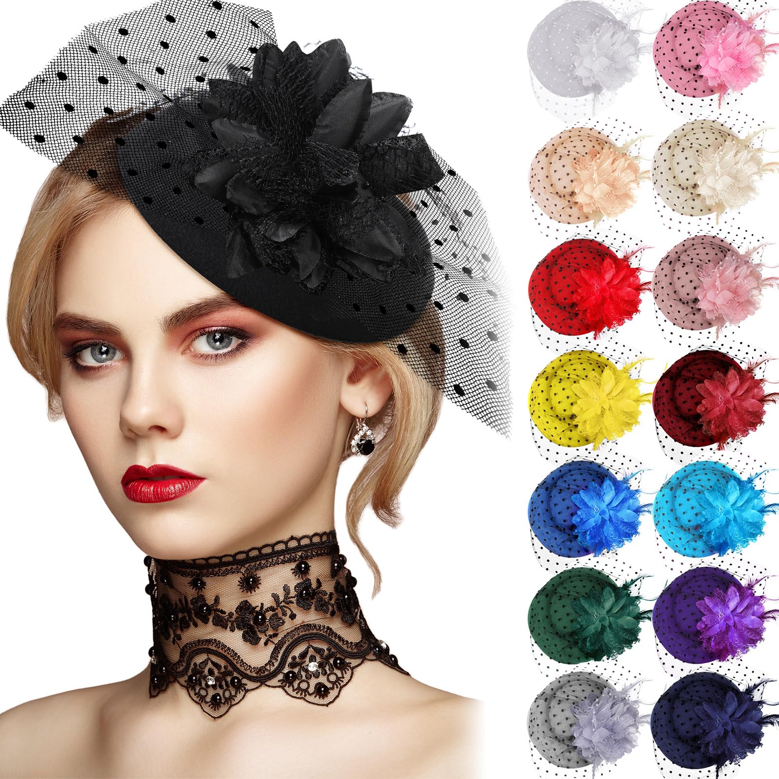 Jeyiour 15 Pcs Tea Party Hats for Women 20s Fascinators Pillbox Hats Headwear with Veil Flower Feathers for Wedding Church Tea Party