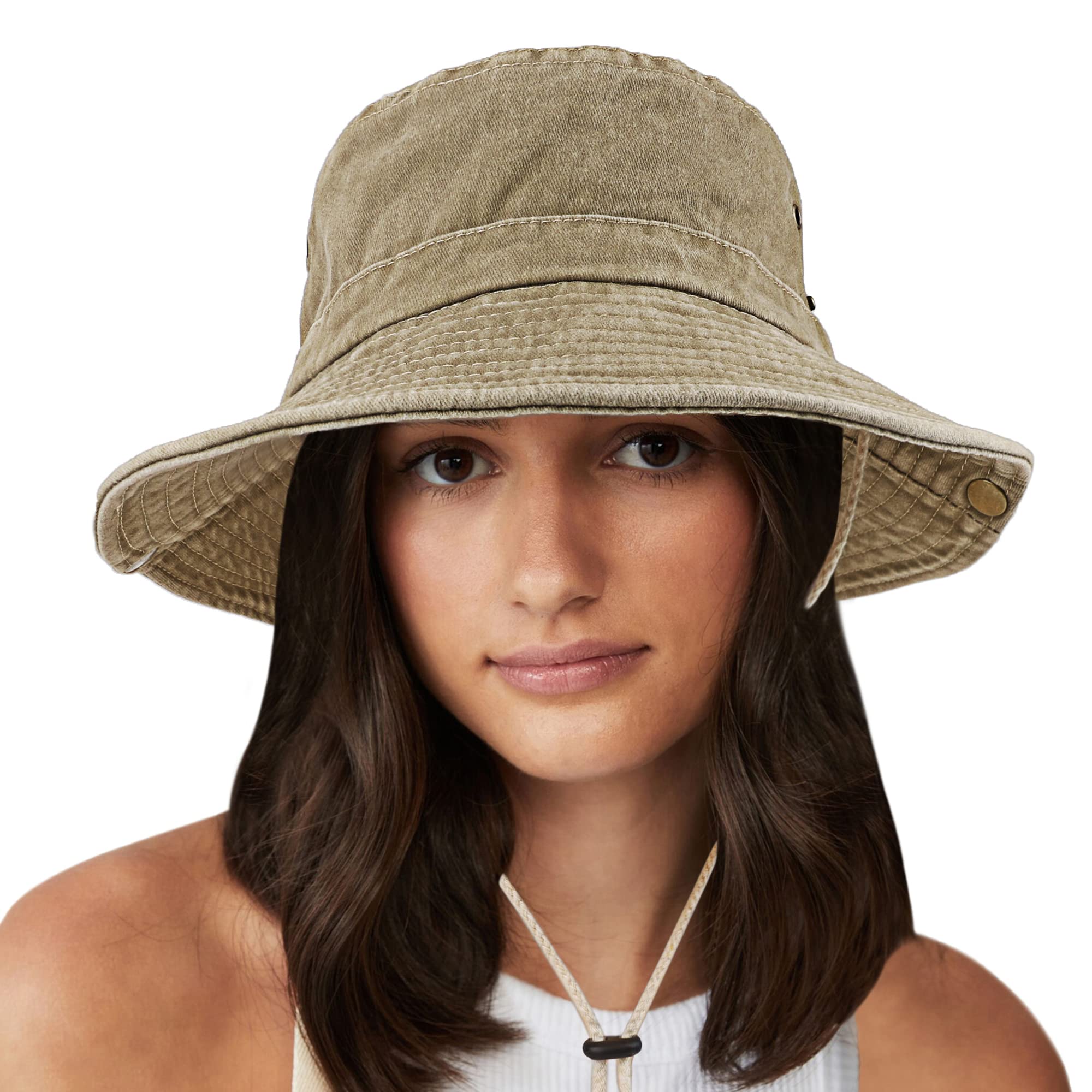 Unisex Cotton Boonie Hat Summer Outdoor Packable Fishing Bucket Hat Beach Sun Hat with String for Women Men (US, Alpha, One Size, Retro Khaki)