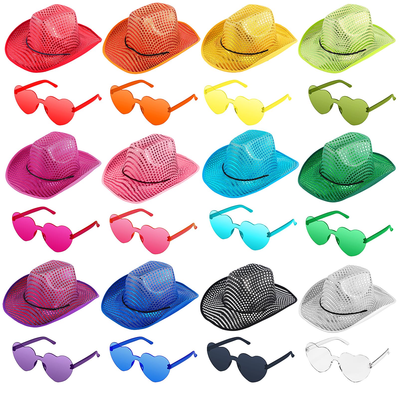 Bonuci Sequin Glitter Cowboy Hat and Heart Shape Rimless Sunglasses Sparkly Party Favor for Women Men Girls Boys(24 Pcs)