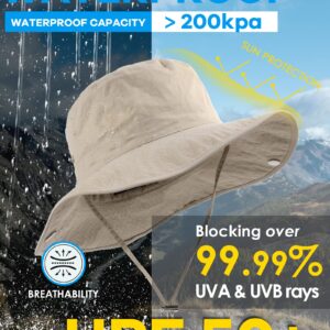 Waterproof Bucket Rain Hat for Women Wide Brim Summer UPF50+ Cowboy Sun Hat Men Foldable Soft Floppy Beach Hat Beige