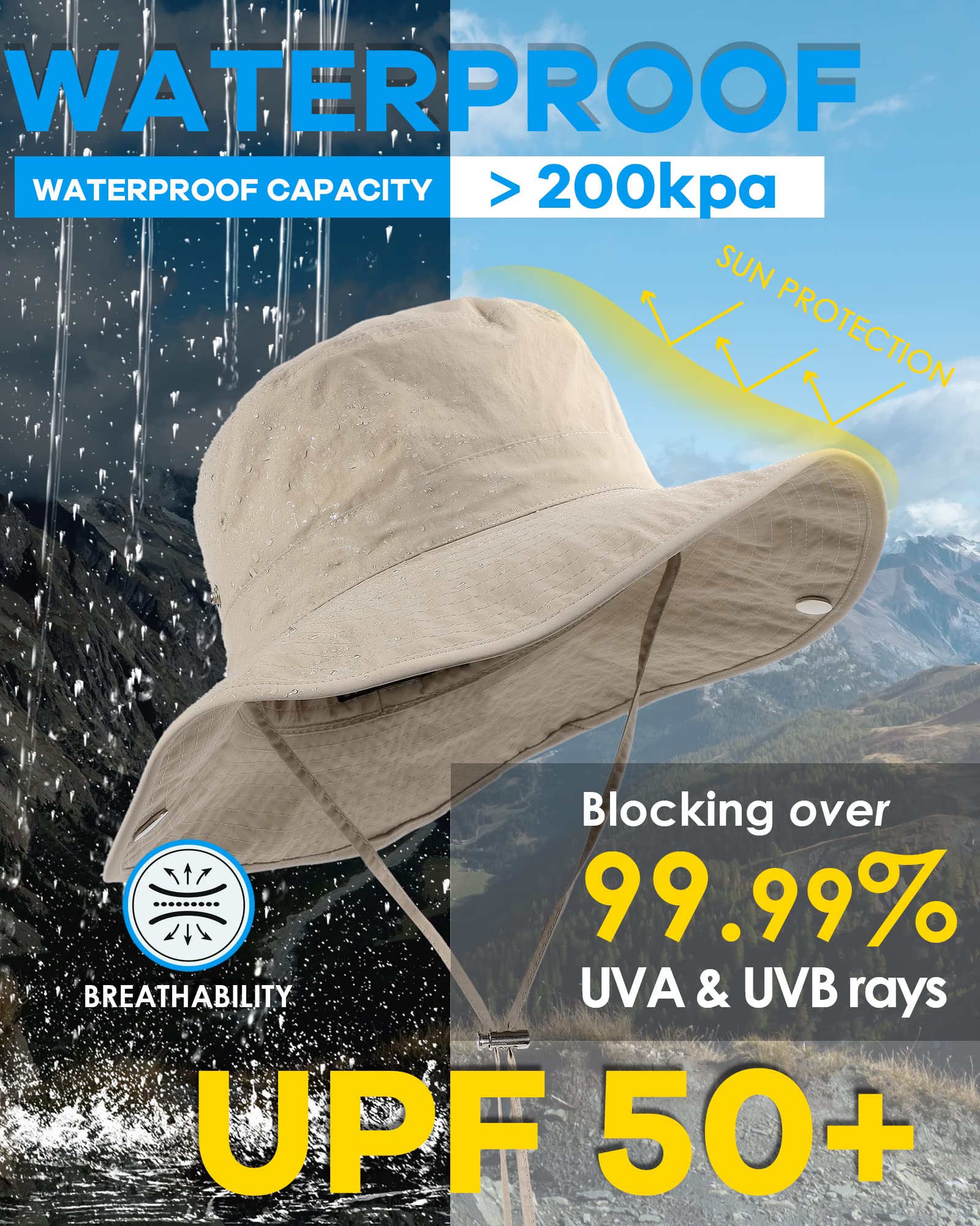 Waterproof Bucket Rain Hat for Women Wide Brim Summer UPF50+ Cowboy Sun Hat Men Foldable Soft Floppy Beach Hat Beige