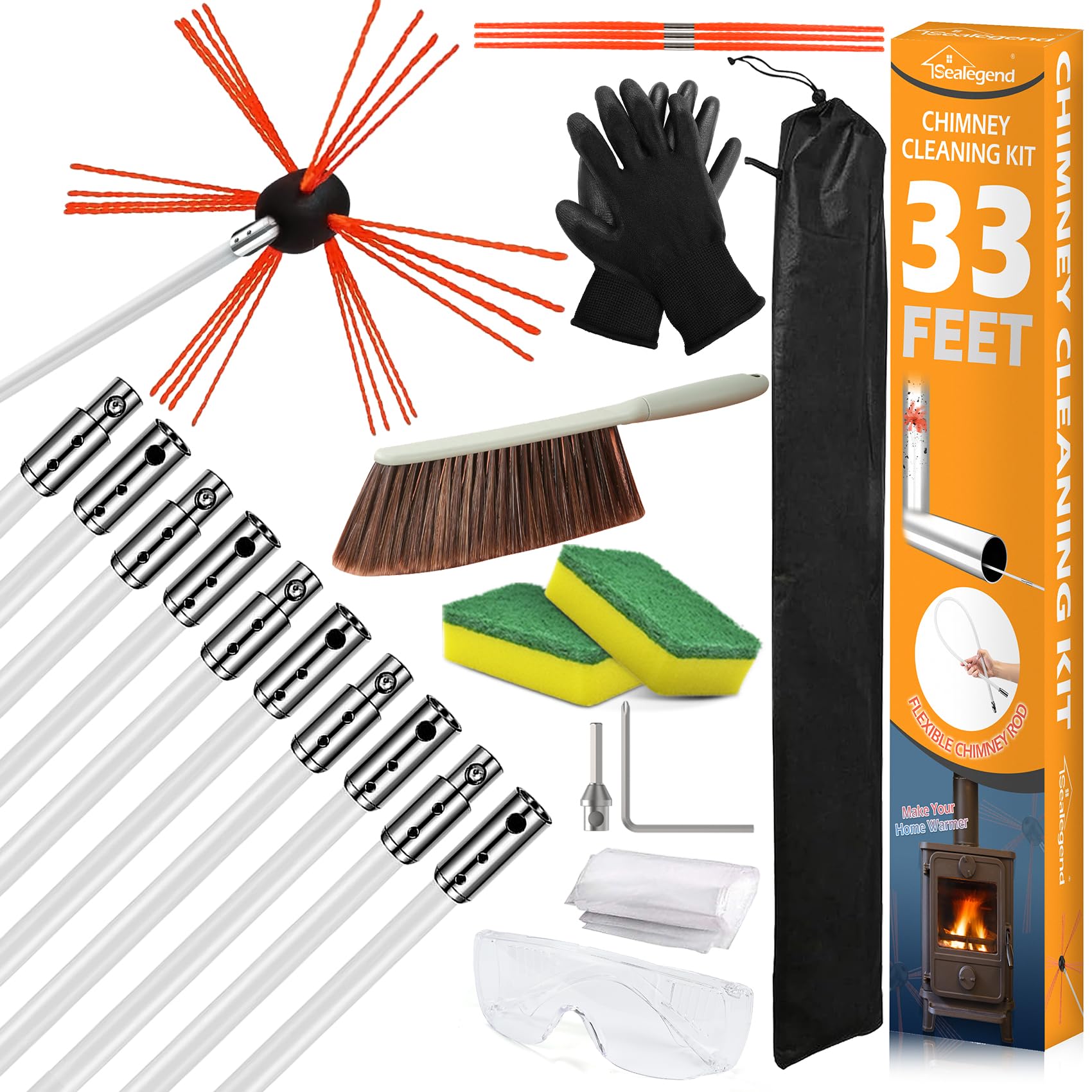 Sealegend 33 Feet Chimney Cleaning Kit Chimney Brush, Chimney Sweep Kit and Chimney Cleaning Logs Fireplace Tools Set with 10 Flexible Rods