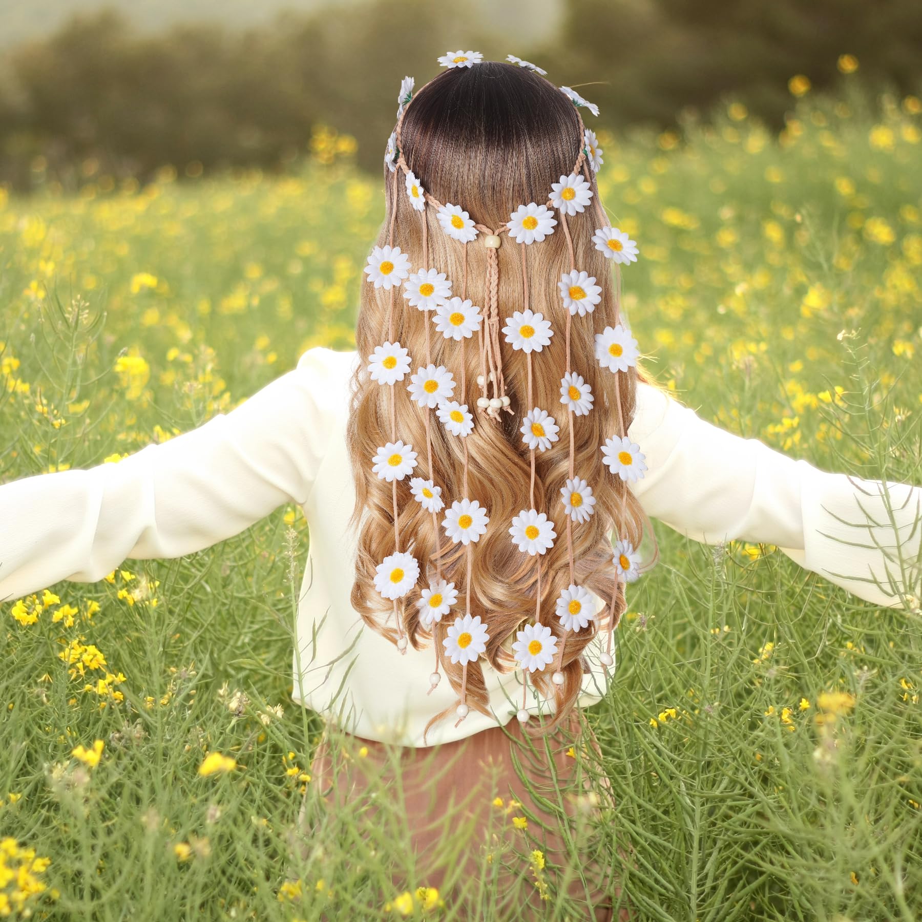 Sucrain 1pcs Flower Hippie Headband Floral Crown Summer Sunflower Hair Accessories for 70 s Bohemian Costumes Style (White)