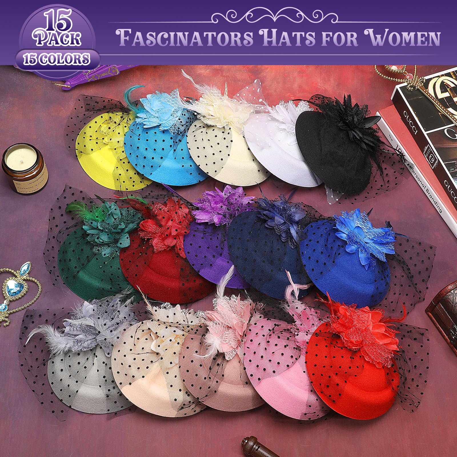 Jeyiour 15 Pcs Tea Party Hats for Women 20s Fascinators Pillbox Hats Headwear with Veil Flower Feathers for Wedding Church Tea Party