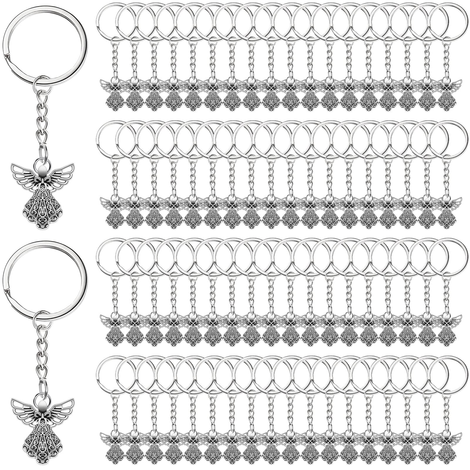 Therwen 200 Pcs Guardian Angel Keychain Silver Angel Charm Keychain Angel Pendant Baptism Favors Key Ring for Women Funeral Party Gifts Arts and Crafts, 3.15 Inch