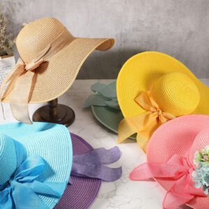 Tigeen 24 Pcs Sun Straw Hats for Women Bowknot Wide Brim 22.1-22.4 Inches Foldable Women's Floppy Hat Uv Protection UPF 50+ Summer Beach Cap for Girls Ladies, 12 Colors Multicolor