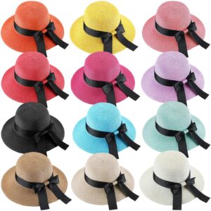 pasimy 12 pcs women straw sun hats with bowknot panama wide brim roll up hat for women girls foldable floppy hat summer cap for beach travel outdoor pool multicolor