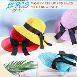 Pasimy 12 Pcs Women Straw Sun Hats with Bowknot Panama Wide Brim Roll up Hat for Women Girls Foldable Floppy Hat Summer Cap for Beach Travel Outdoor Pool Multicolor