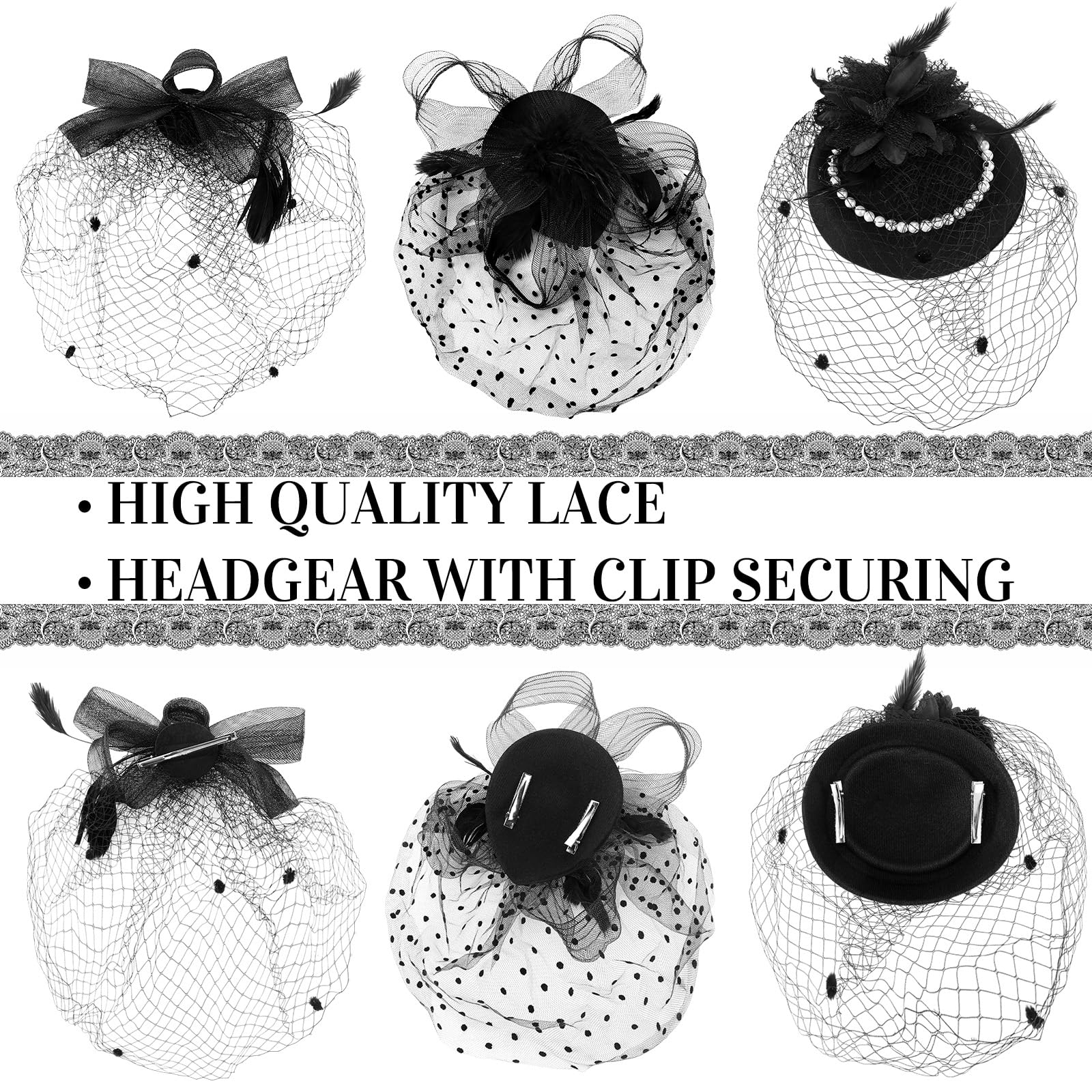 Geyoga 3 Pcs Fascinators Hats for Women Tea Party Hats Flapper Headpiece Halloween Mesh Veil Pearl Headdress for Wedding (Classic Style)