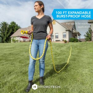 HydroTech 100ft Pro Series 3/4" Expandable Burst Proof Garden Max Flow Hose – Lightweight & Durable – Features Flow-Control Shut-Off & Strain Relief Guard (100 Feet)