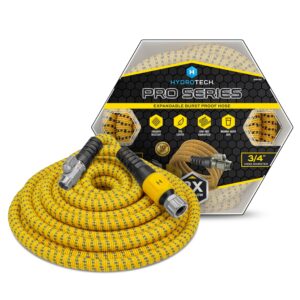 hydrotech 100ft pro series 3/4" expandable burst proof garden max flow hose – lightweight & durable – features flow-control shut-off & strain relief guard (100 feet)