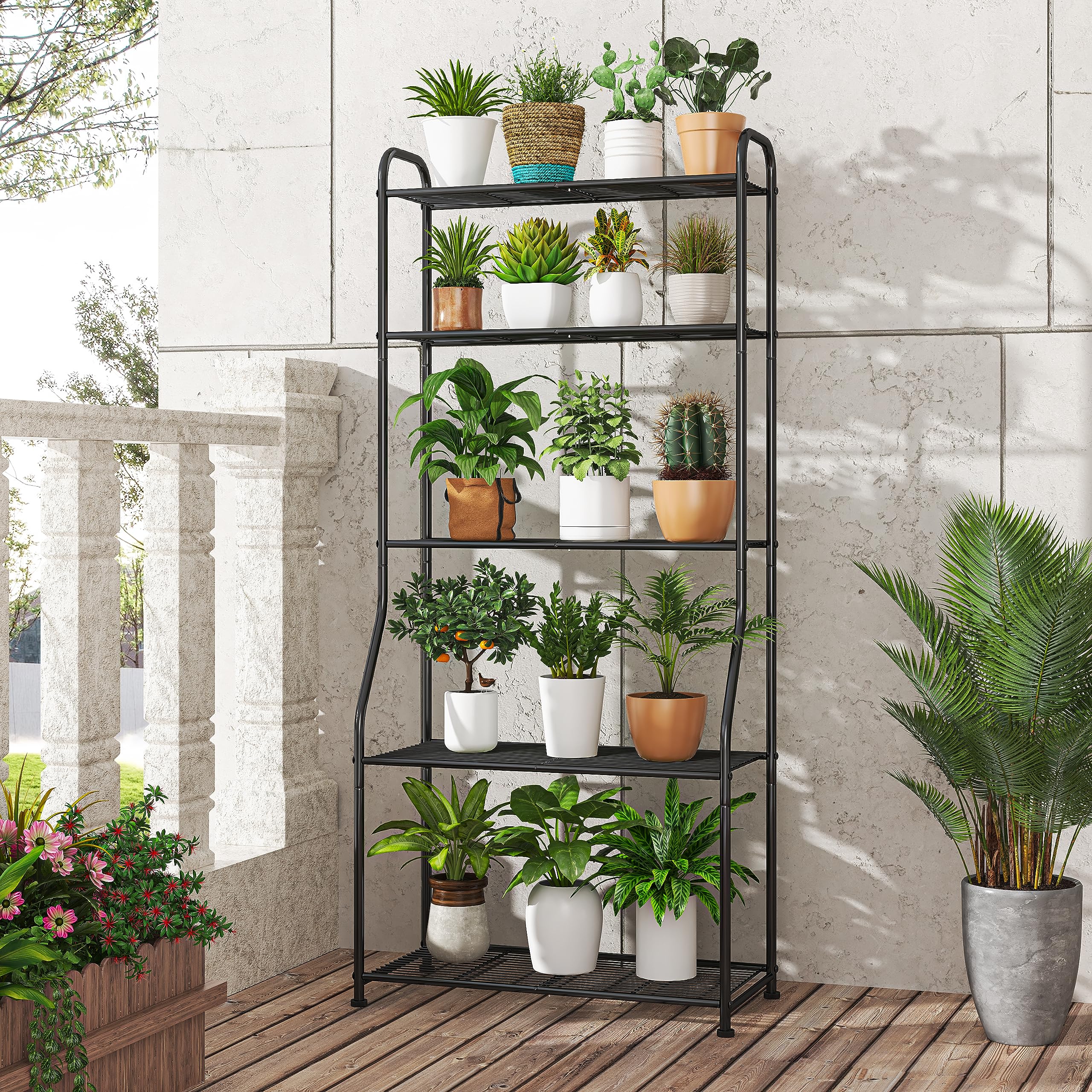 Plant Stand 5-Tier Plant Shelf for Indoor Outdoor, Waterproof Metal Tall Plant Stand for Living Room Bathroom Balcony Garden, Black