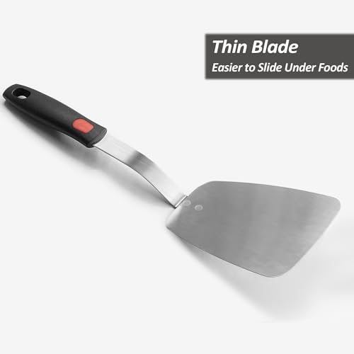 Stainless Steel Flexible Spatula Solid Turner, XiaoZu Thin Metal Spatula for Cast Iron Skillet, Thin Blade and Heat Resistant Silicone Handle, Great for Egg, Cookie, Meat, Crep, Large