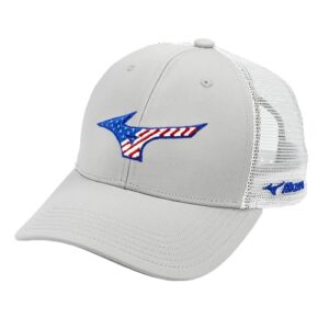 mizuno standard runbird patriot trucker hat, grey-white