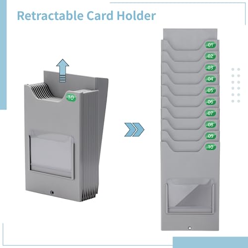 Time Card Holder, 10-Slot Attendance Card Rack, Easy to Hang, Retractable Time Card Wall Holder Rack with Number Labels 01-10