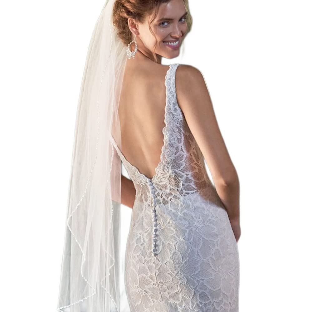 GAODESI Wedding Veil Pearls and Crystals Beaded Edge 1 Tier Fingertip Length Bridal Veil