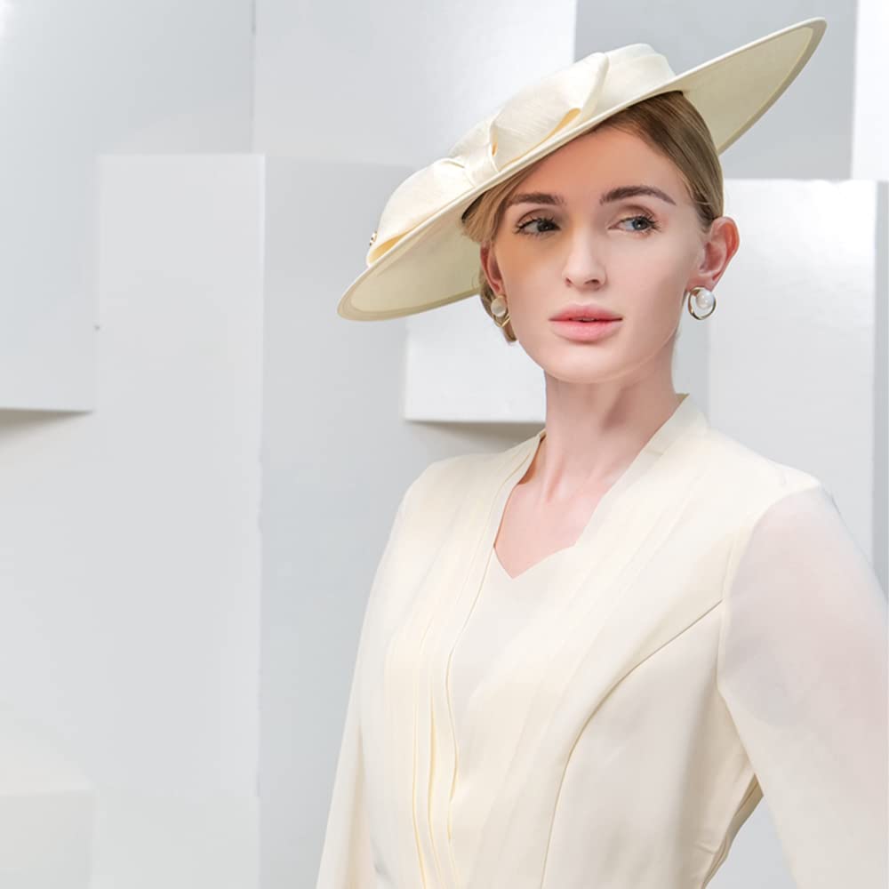 Wide Brim Hats for Women Big Bowknot Formal Occasion Kentucky Cap Lady Wedding Cocktail Party Flat Top Fedoras Beige White