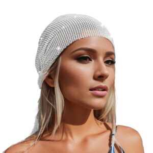 munyee hua rhinestone head scarf for women bling sparkly hijab stretchy rave turban hat headband crystal mesh cap hair snood nets vintage dress concert headpiece(white)