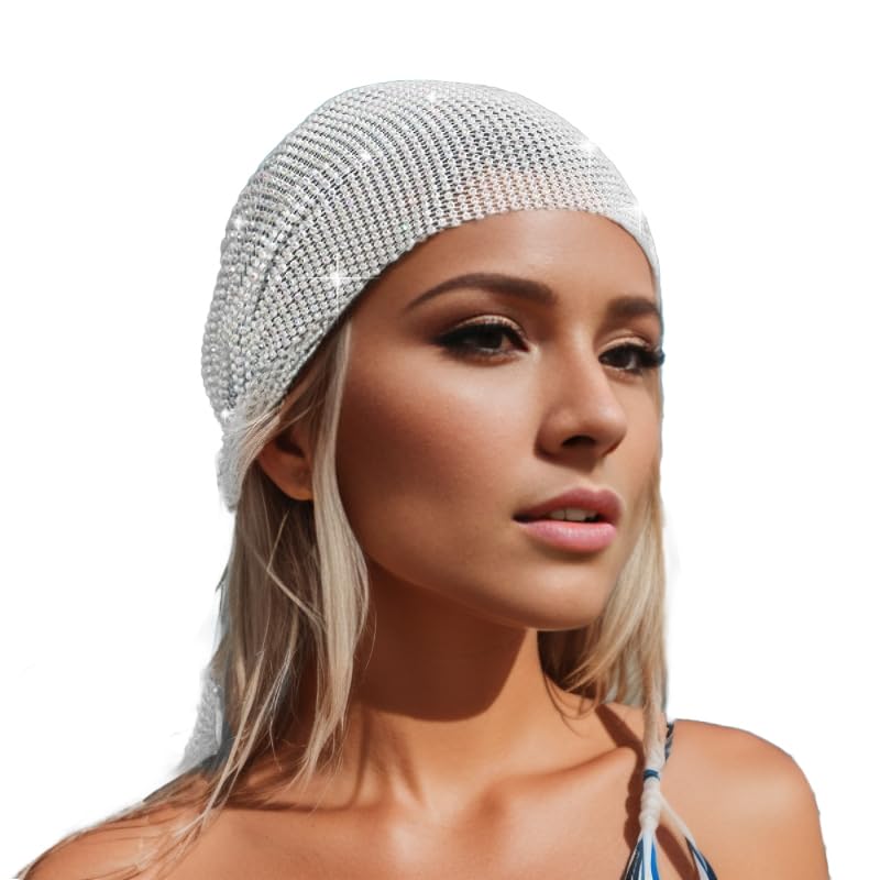 Munyee Hua Rhinestone Head Scarf for Women Bling Sparkly Hijab Stretchy Rave Turban Hat Headband Crystal Mesh Cap Hair Snood Nets Vintage Dress Concert Headpiece(White)