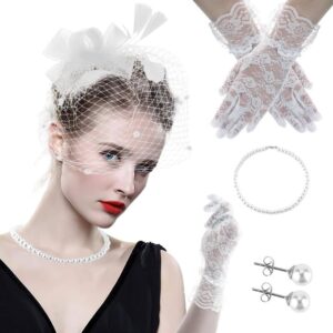 4 Pieces Fascinators Hat for Women Tea Party Hat Feathers Veil Mesh Hat Lace Gloves Bridgerton Accessories for Women Pearl Choker Necklace for Wedding Cocktail Kentucky Fascinator Headband for Women