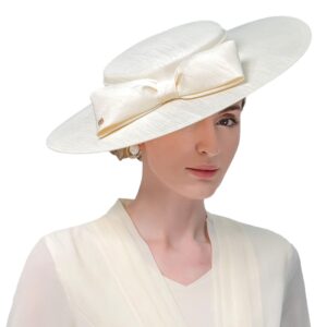 wide brim hats for women big bowknot formal occasion kentucky cap lady wedding cocktail party flat top fedoras beige white